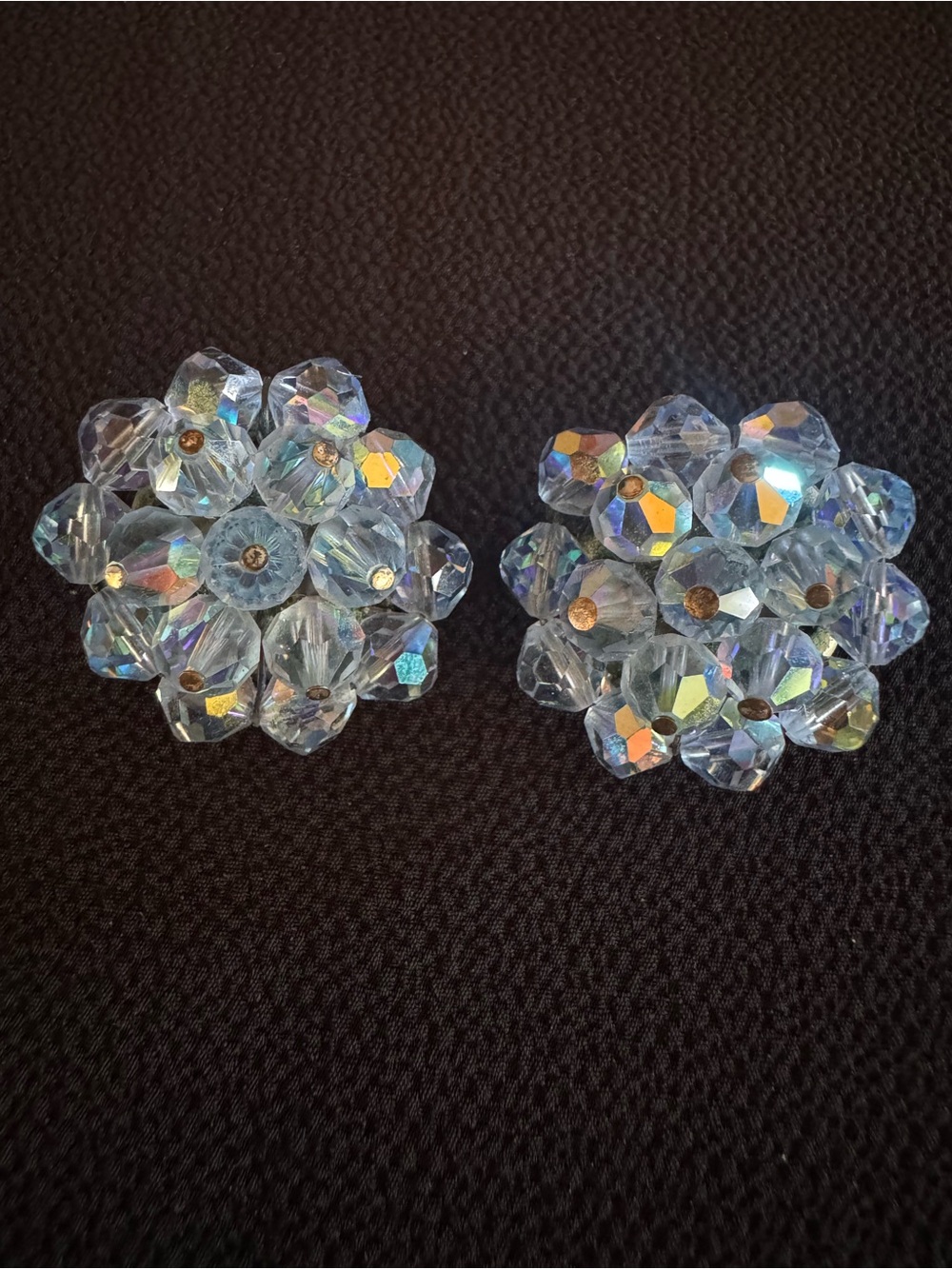 Vintage Laguna Blue AB Crystal Cluster Clip On Earrings - Mid Century Modern